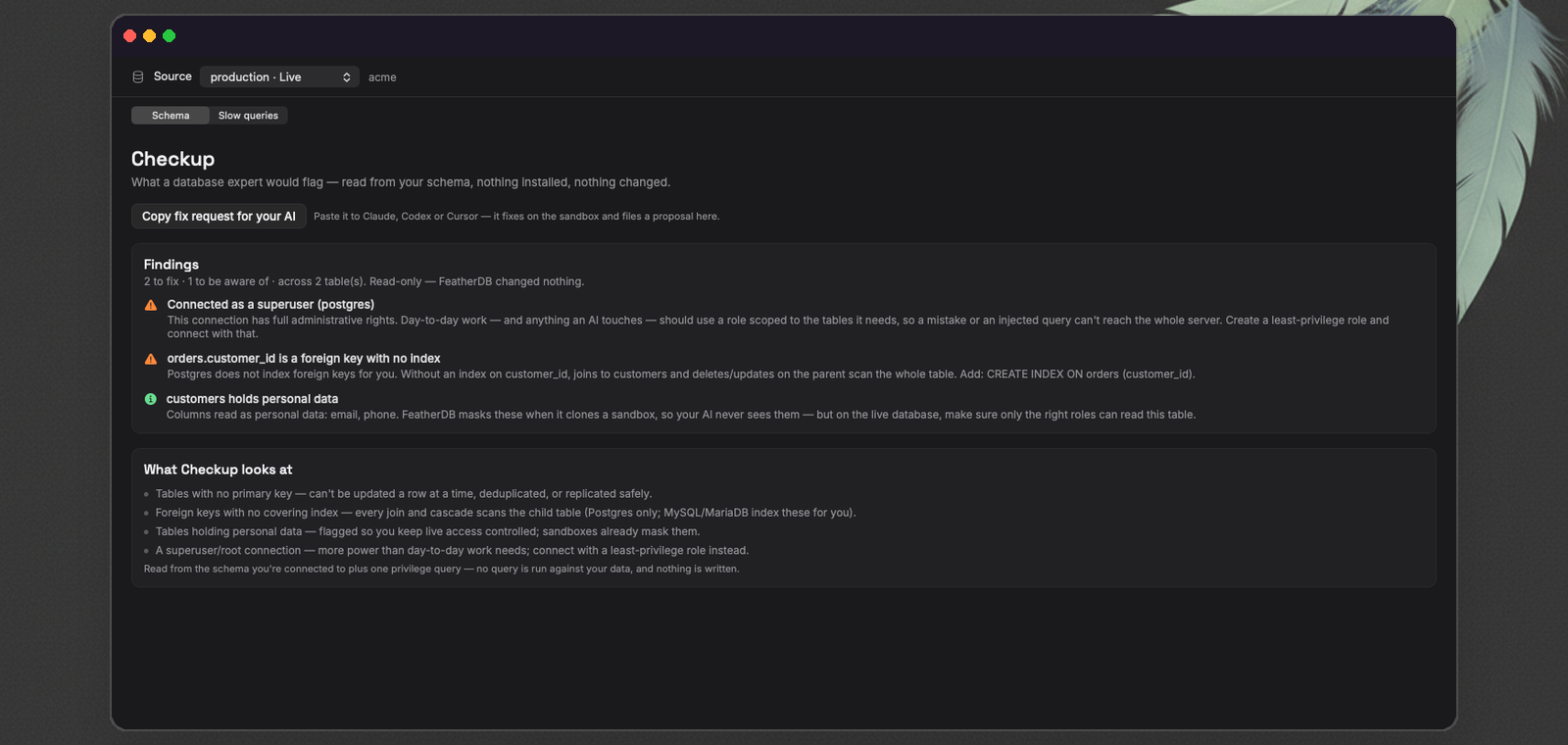 FeatherDB's Checkup screen: a superuser warning, a foreign key with no index, and a table holding personal data