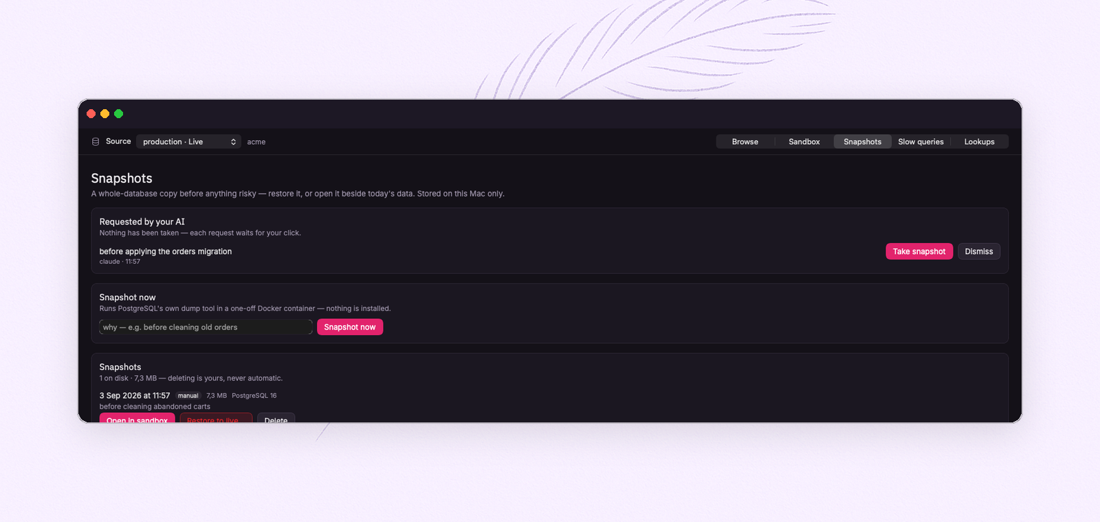 FeatherDB's Snapshots screen: a snapshot with its reason, size and engine, with Open in sandbox and Restore actions