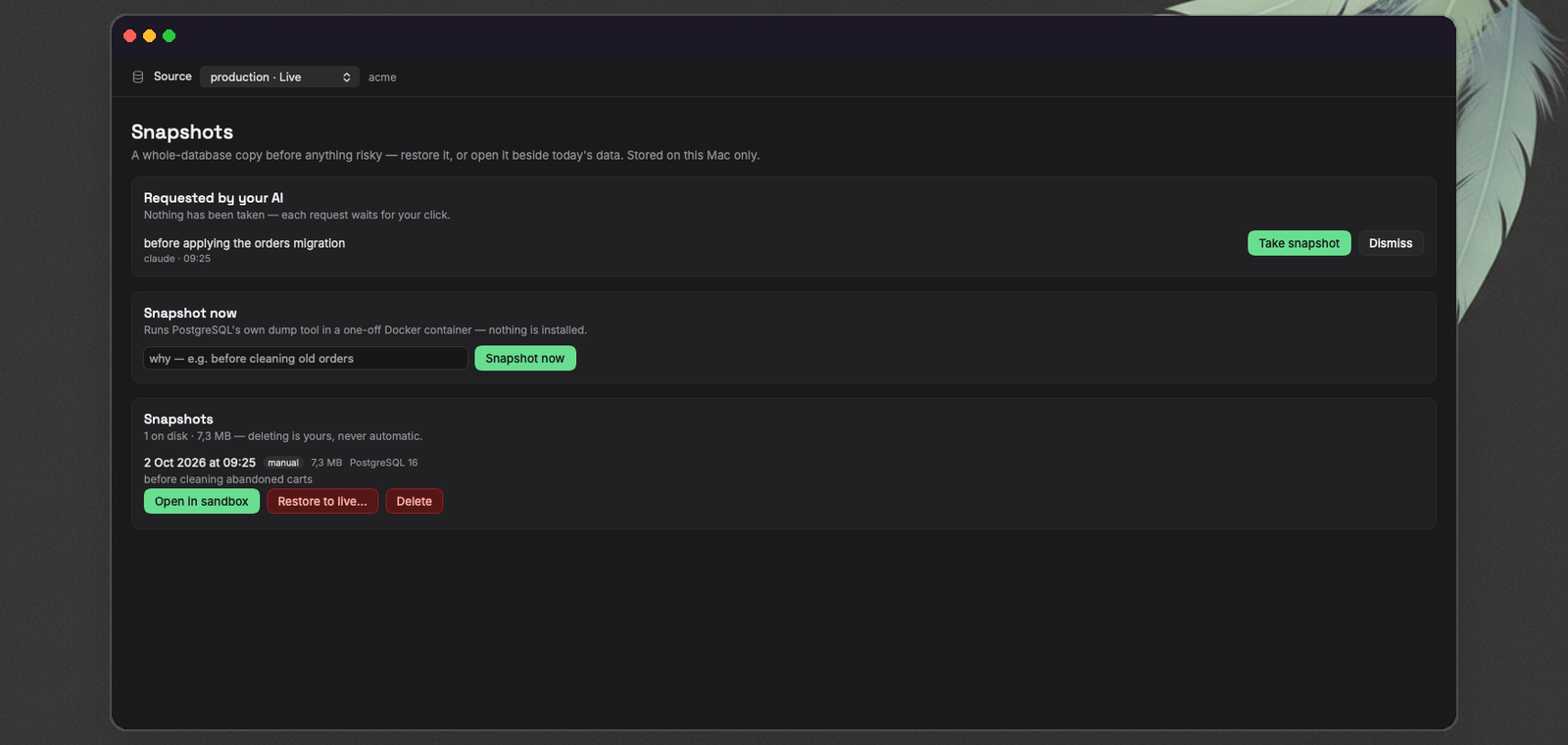 FeatherDB's Snapshots screen: a snapshot with its reason, size and engine, with Open in sandbox and Restore actions